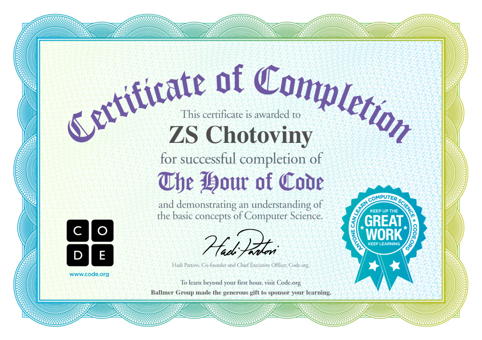 Certificate ZS Chotoviny